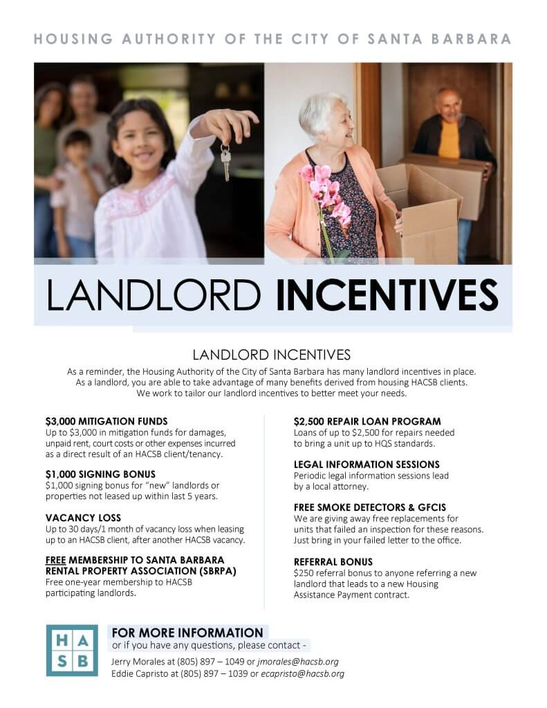 Landlord incentives listed with photos of young girl holding out key and older couple with boxes