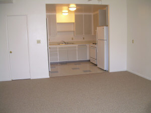 Inside of a Wilson Cottage, showing the living room and kitchen