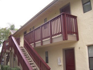 Outside view of the stairs leading to the units and balconies