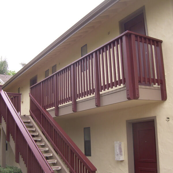 Outside view of the stairs leading to the units and balconies