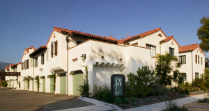 Outside view of the Voluntario building and garages