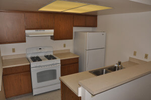 Inside a unit, showing the kitchen