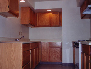 Inside a unit, showing the full kitchen