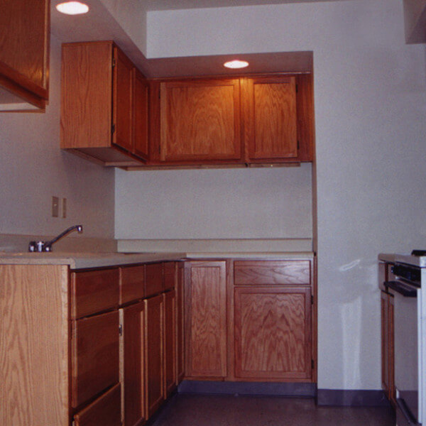 Inside a unit, showing the full kitchen