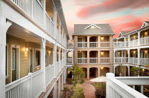 Outside view of the units and courtyard during sunset