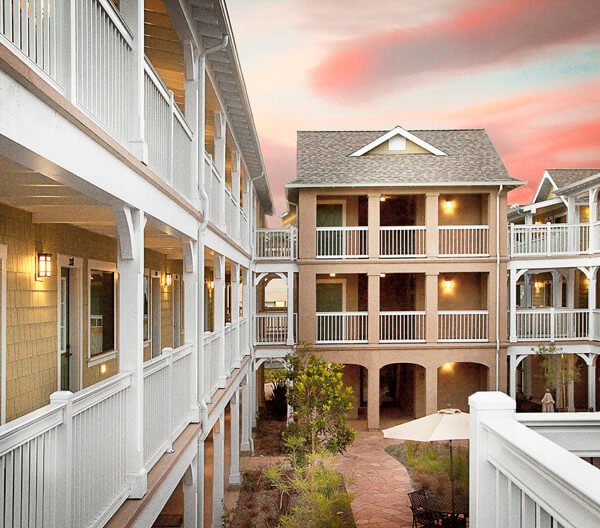 Outside view of the units and courtyard during sunset