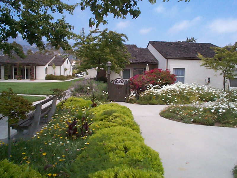 Flowers and bushes, a gate of a unit in the back