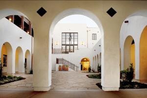 Eye level view of courtyard from behind the entryway