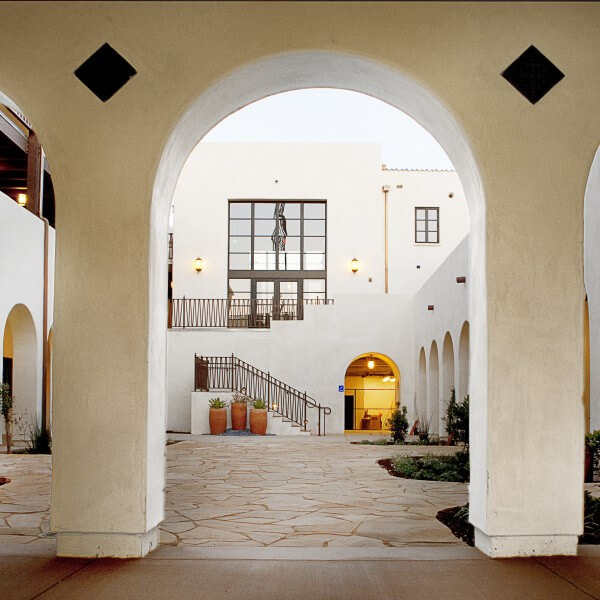 Eye level view of courtyard from behind the entryway