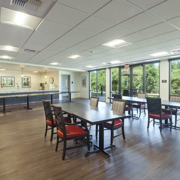 Community cafeteria with chairs and tables