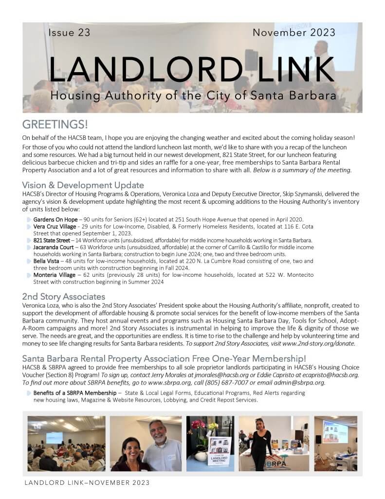 Photo of front page of Landlord Link with photos of people at luncheon