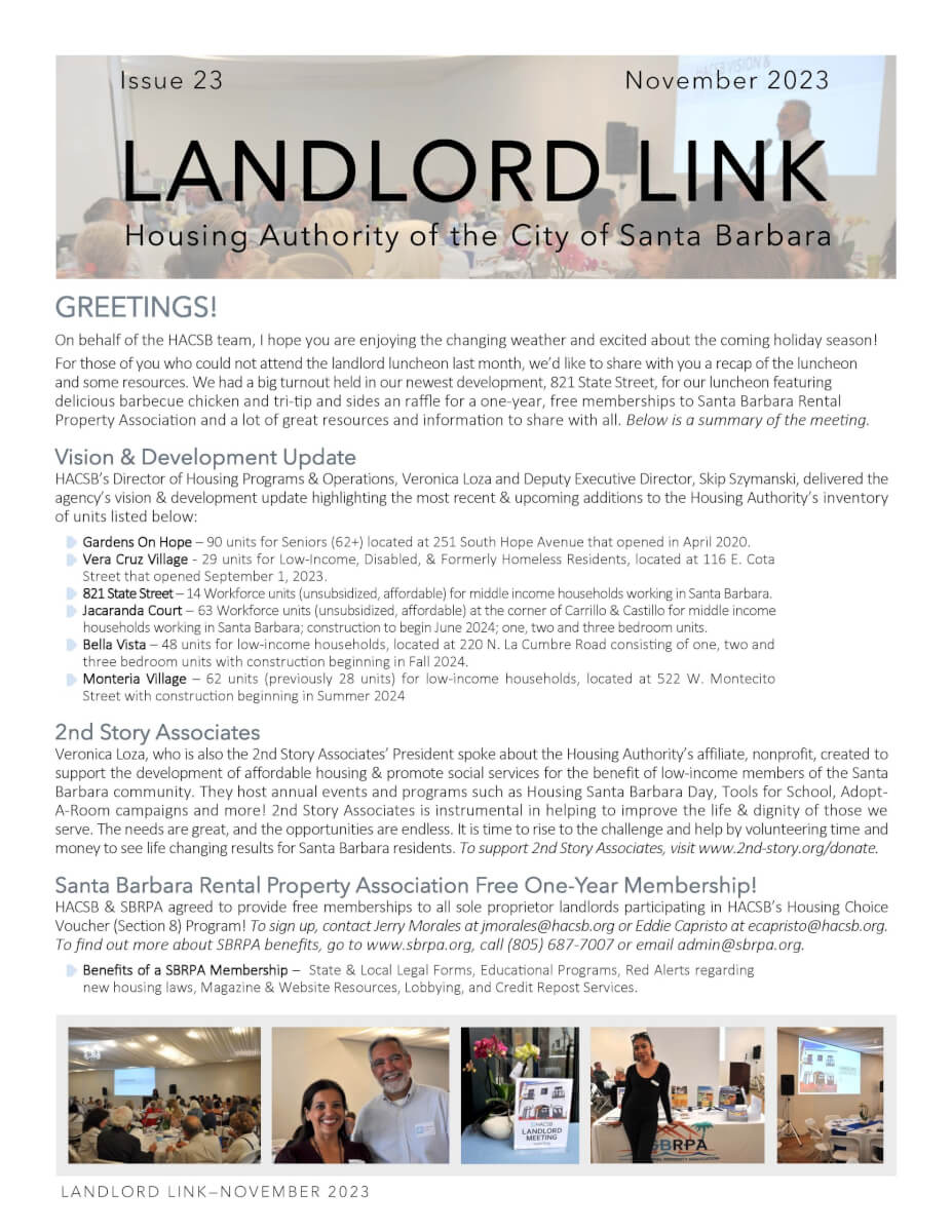Photo of front page of Landlord Link with photos of people at luncheon