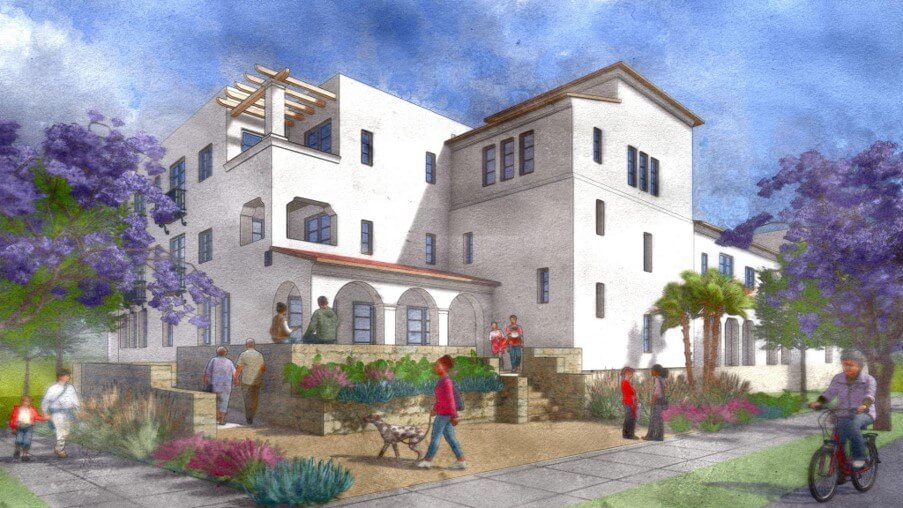 White building with people in front